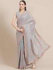 Powder Blue Embroidered Saree with Blouse - Inddus.com