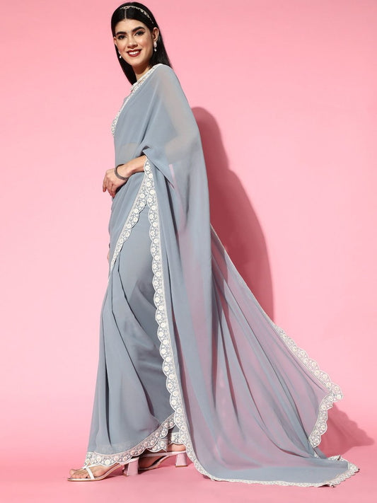 Powder Bule Georgette Saree with Blouse Piece - Inddus.com