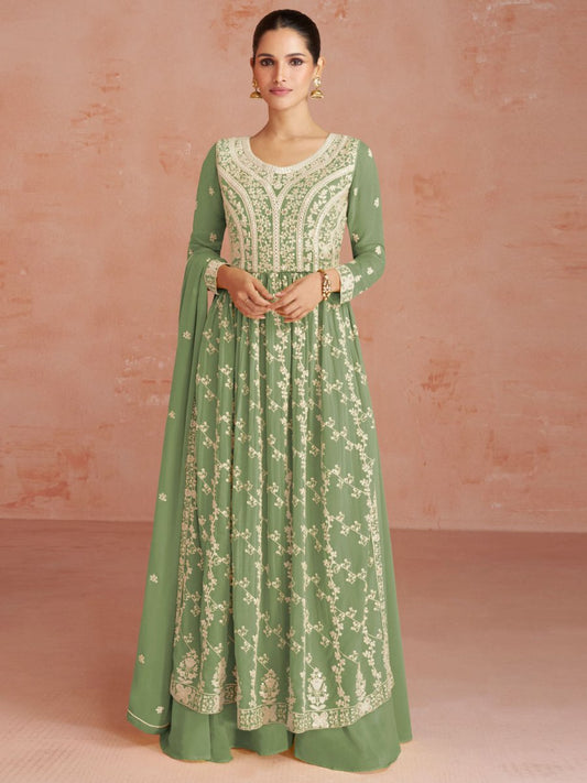 Pretty Green Georgette Anarkali Suit - Inddus.com