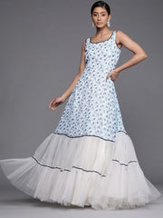 Printed Blue Georgette and Net Partywear Gown Dress - inddus-us