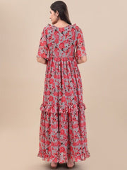 Printed Georgette Maxi Fit And Flare Dress - Inddus.com