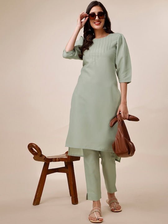 Puff Sleeve Straight Kurta with Trousers - Inddus.com