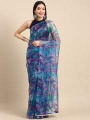 Purple and Blue Floral Digital Print Organza Saree - Inddus.com