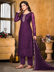 Purple Embroidered Festive-Wear Straight-Cut-Suit - Inddus.com