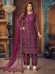 Purple Embroidered Festive Wear Straight Cut Suit - Inddus.com