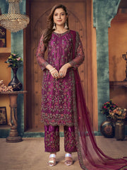 Purple Embroidered Festive Wear Straight Cut Suit - Inddus.com