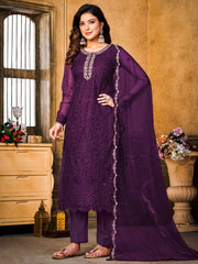 Purple Embroidered Festive-Wear Straight-Cut-Suit - Inddus.com