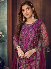 Purple Embroidered Festive Wear Straight Cut Suit - Inddus.com