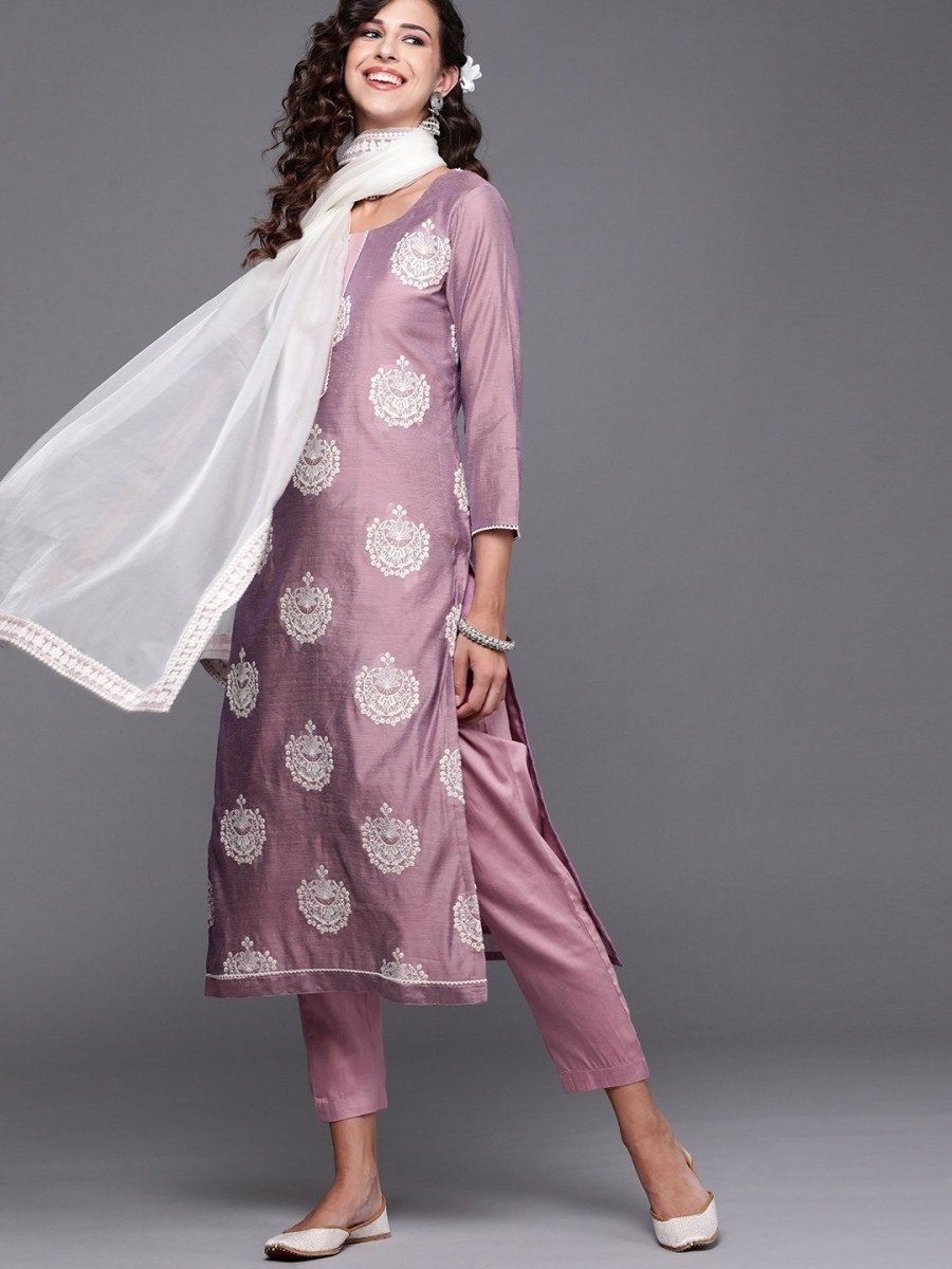 Purple Embroidered Kurta with Trouser and Dupatta - Inddus.com