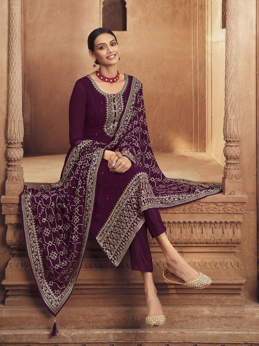 Purple Embroidered Partywear Palazzo-Suit - Inddus.com