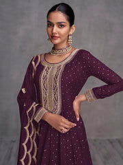 Purple Embroidered Partywear Palazzo-Suit - Inddus.com