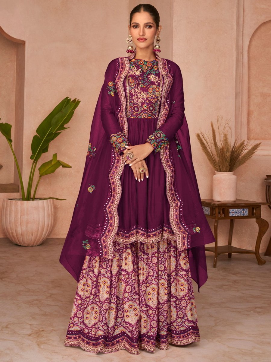 Purple Embroidered Partywear Sharara-Style-Suit - Inddus.com