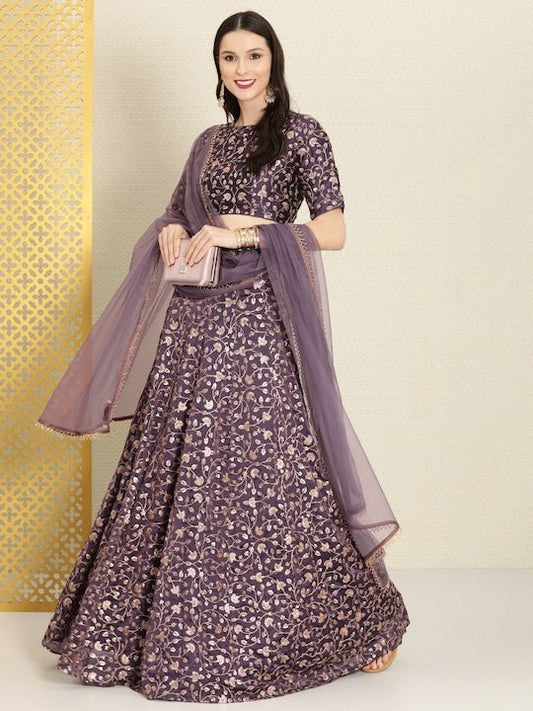 Purple Embroidered Semi-Stitched Lehenga & Unstitched Blouse With Dupatta - Inddus.com