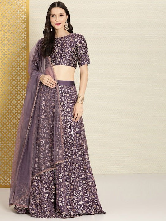 Purple Embroidered Semi-Stitched Lehenga & Unstitched Blouse With Dupatta - Inddus.com