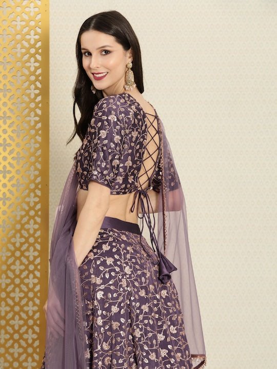 Purple Embroidered Semi-Stitched Lehenga & Unstitched Blouse With Dupatta - Inddus.com