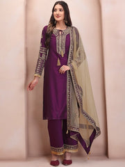 Purple Ethnic Motifs Embroidered Kurta & Trousers With Dupatta - Inddus.com
