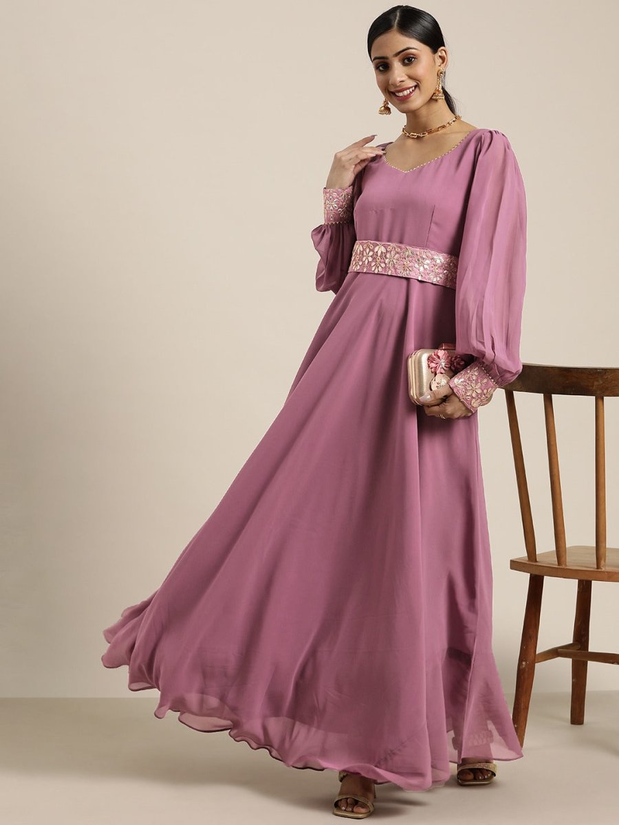 Purple Fit and Flared Gown with Embroidered Belt - Inddus.com