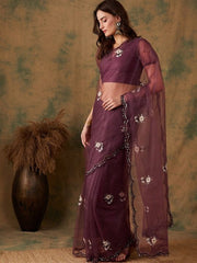 Purple Floral Embroidered Beads and Stones Embellished Net Saree - Inddus.com