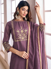 Purple Floral Embroidered Yoke & Border Zari Straight Kurta & Trousers With Dupatta - Inddus.com