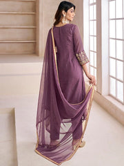 Purple Floral Embroidered Yoke & Border Zari Straight Kurta & Trousers With Dupatta - Inddus.com