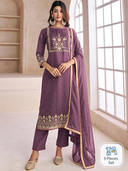 Purple Floral Embroidered Yoke & Border Zari Straight Kurta & Trousers With Dupatta - Inddus.com