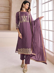 Purple Floral Embroidered Yoke & Border Zari Straight Kurta & Trousers With Dupatta - Inddus.com