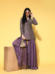 Purple Floral Embroidered Zari Kurta with Sharara - Inddus.com