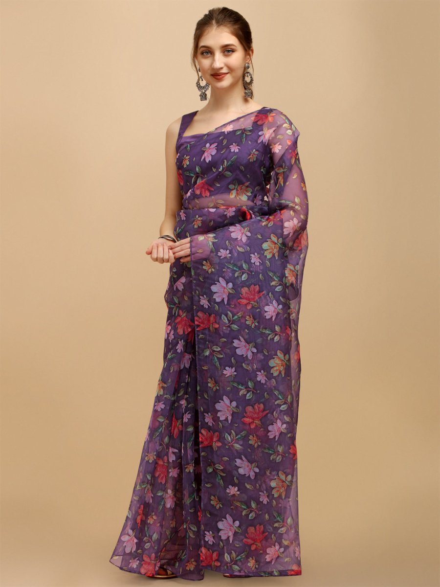 Purple Floral Organza Saree - Inddus.com