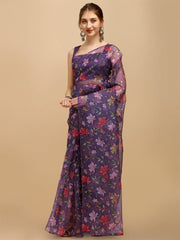 Purple Floral Organza Saree - Inddus.com