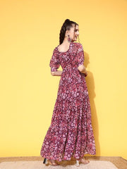 Purple Floral Print Puff Sleeves Georgette Maxi Dress - Inddus.com