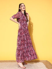 Purple Floral Print Puff Sleeves Georgette Maxi Dress - Inddus.com