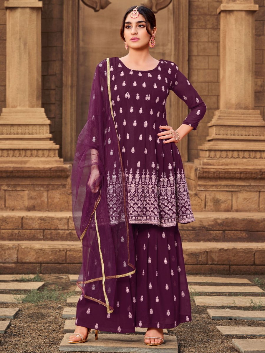 Purple Georgette Embroidered Partywear Palazzo Suit - Inddus.com