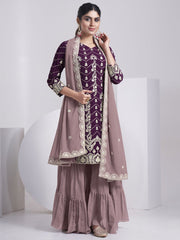 Purple Georgette Embroidered Sharara-Style-Suit - Inddus.com
