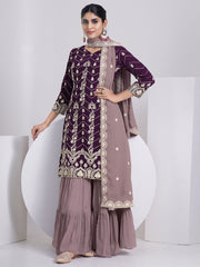 Purple Georgette Embroidered Sharara-Style-Suit - Inddus.com