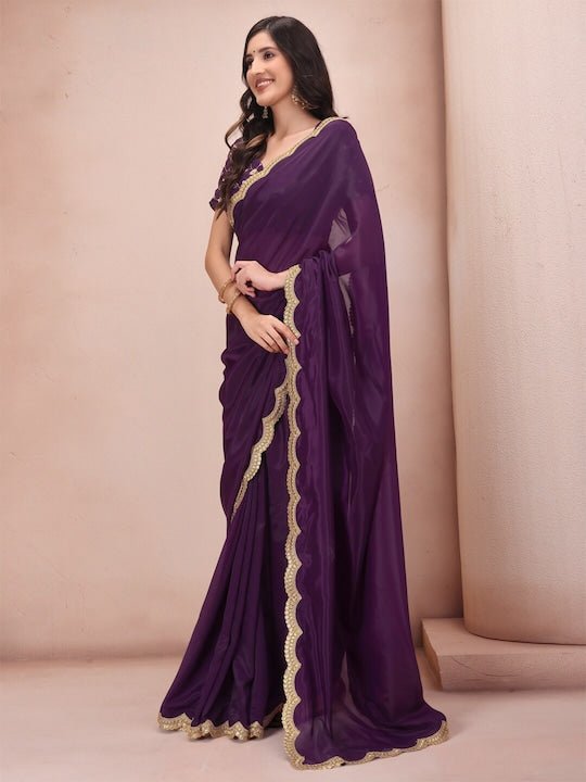 Purple & Gold-Toned Embroidered Organza Saree