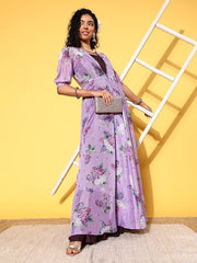 Purple & Lavender Maxi Dress With Floral Printed Jacket - Inddus.com