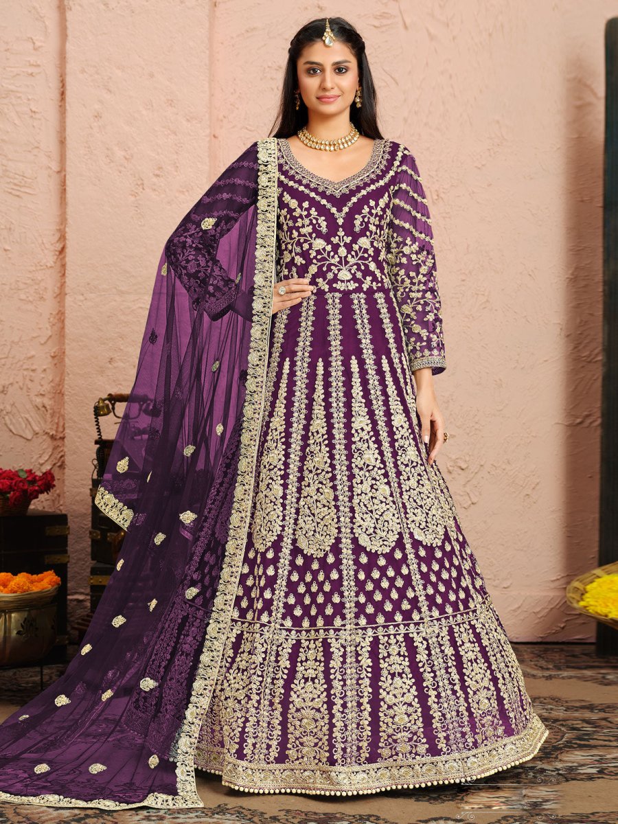 Purple Net Festive Wear Anarkali Suit - Inddus.com