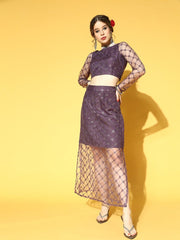Purple Net Sequinned Embroidered Co-ords Set - Inddus.com