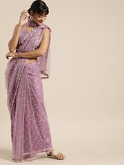 Purple Net Sequnnied Embroidered Saree - inddus-us