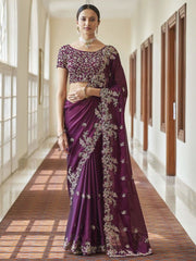Purple Organza Embroidered Saree - inddus-us