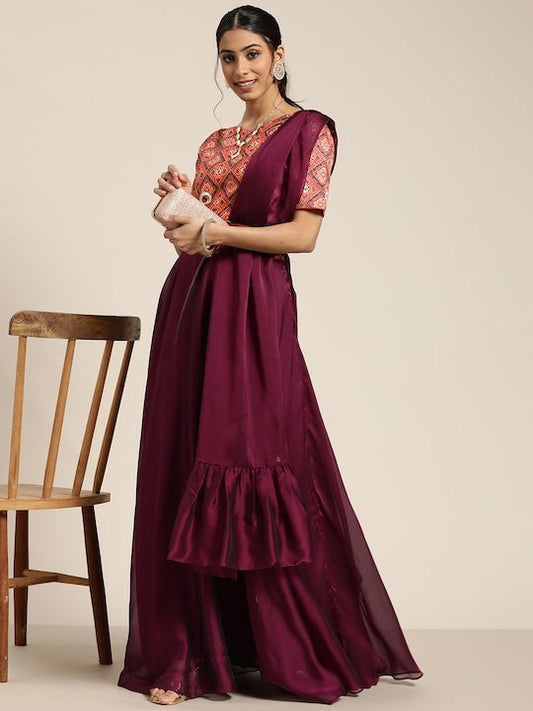 Purple & Red Printed Semi-Stitched Lehenga with Unstitched Blouse & Dupatta - Inddus.com