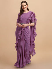 Purple Ruffle Saree With Embellished belt - Inddus.com