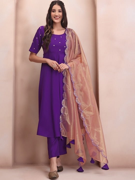 Purple Sequin Detail Chanderi Cotton Kurta & Trousers With Dupatta - Inddus.com