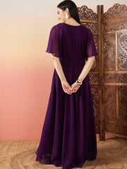 Purple Sequinned Flared Sleeves Georgette Maxi Ethnic Dresses - Inddus.com