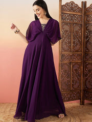 Purple Sequinned Flared Sleeves Georgette Maxi Ethnic Dresses - Inddus.com