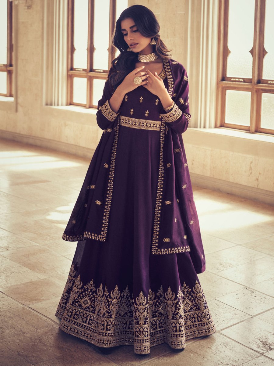 Purple Silk Partywear Anarkali Suit - Inddus.com