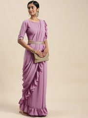 Purple Sold Ruffled Saree - Inddus.com