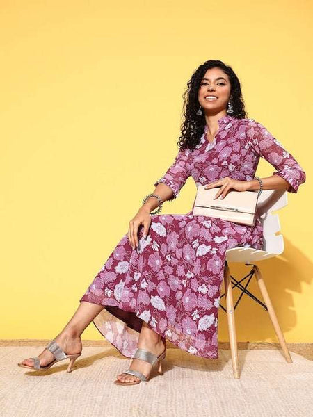 Purple & White Floral Print Mandarin Collar Georgette Midi Dress