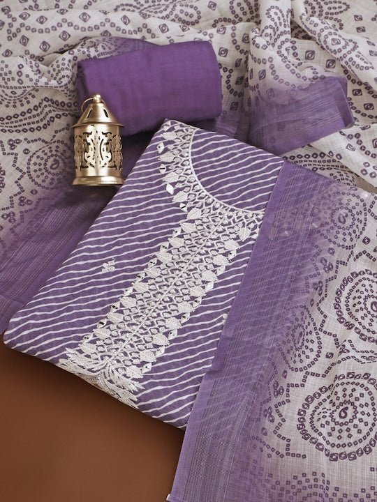 Purple & White Leheriya Printed Linen Unstitched Dress Material - Inddus.com