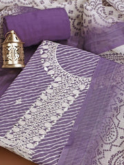 Purple & White Leheriya Printed Linen Unstitched Dress Material - Inddus.com